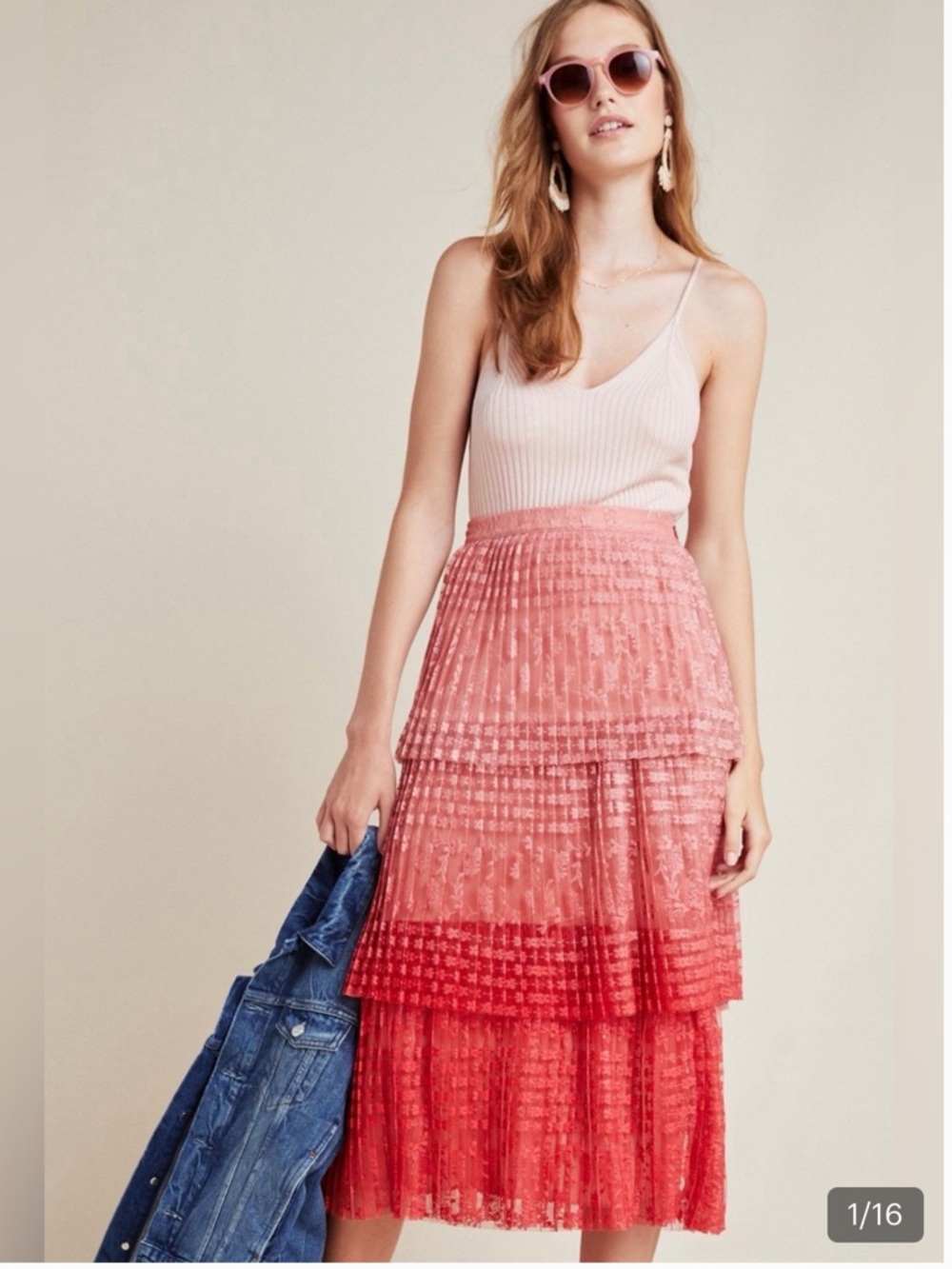 WS-2 Anthropologie Maeve Dusty Rose Lace Tiered Skirt